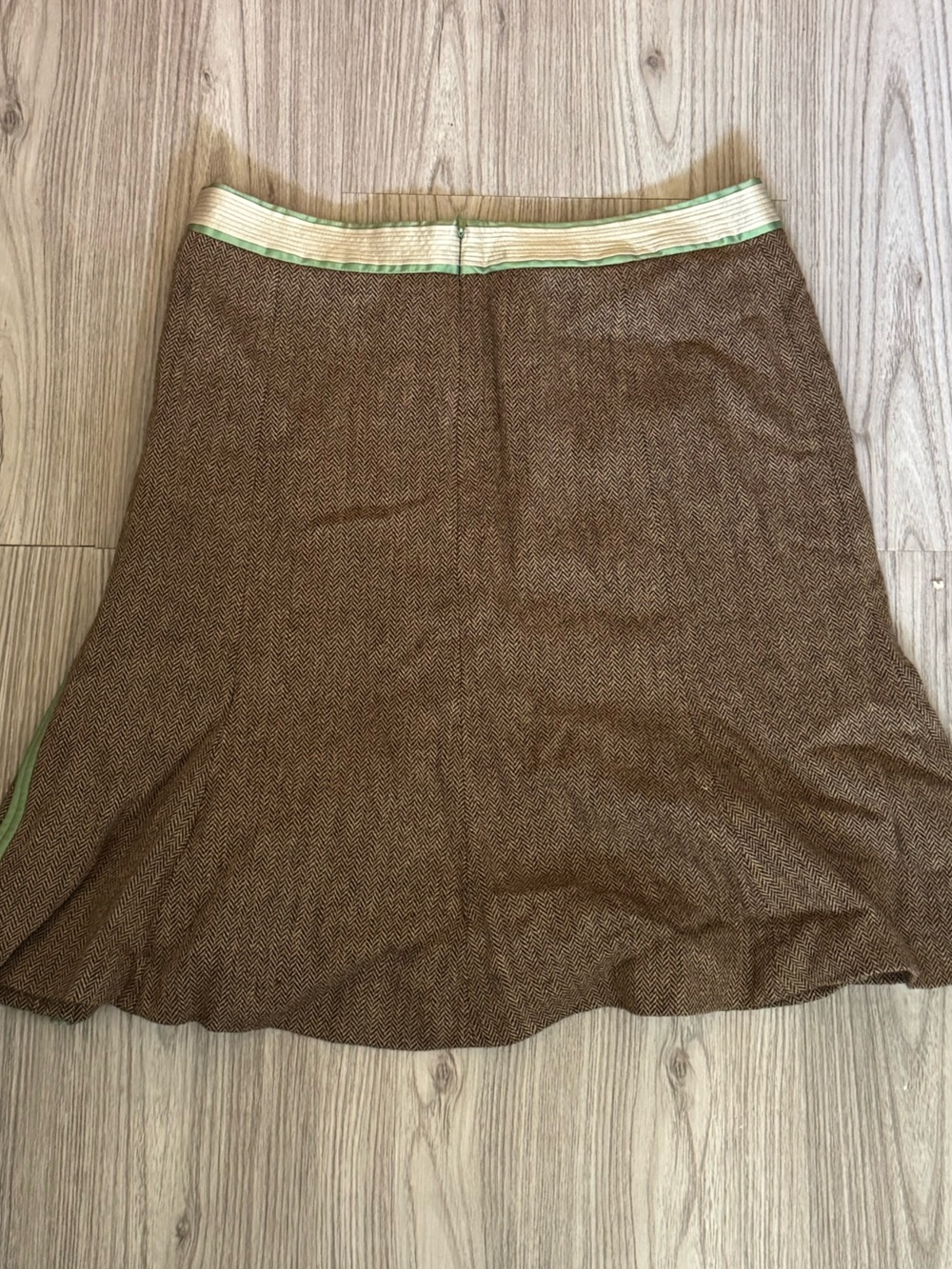 LOFT Brown Tweed A-Line Skirt with Cream and Green Waistband